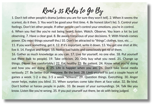 Remi's 35 Rules to Go By - 18x12 canvas - Remi Background