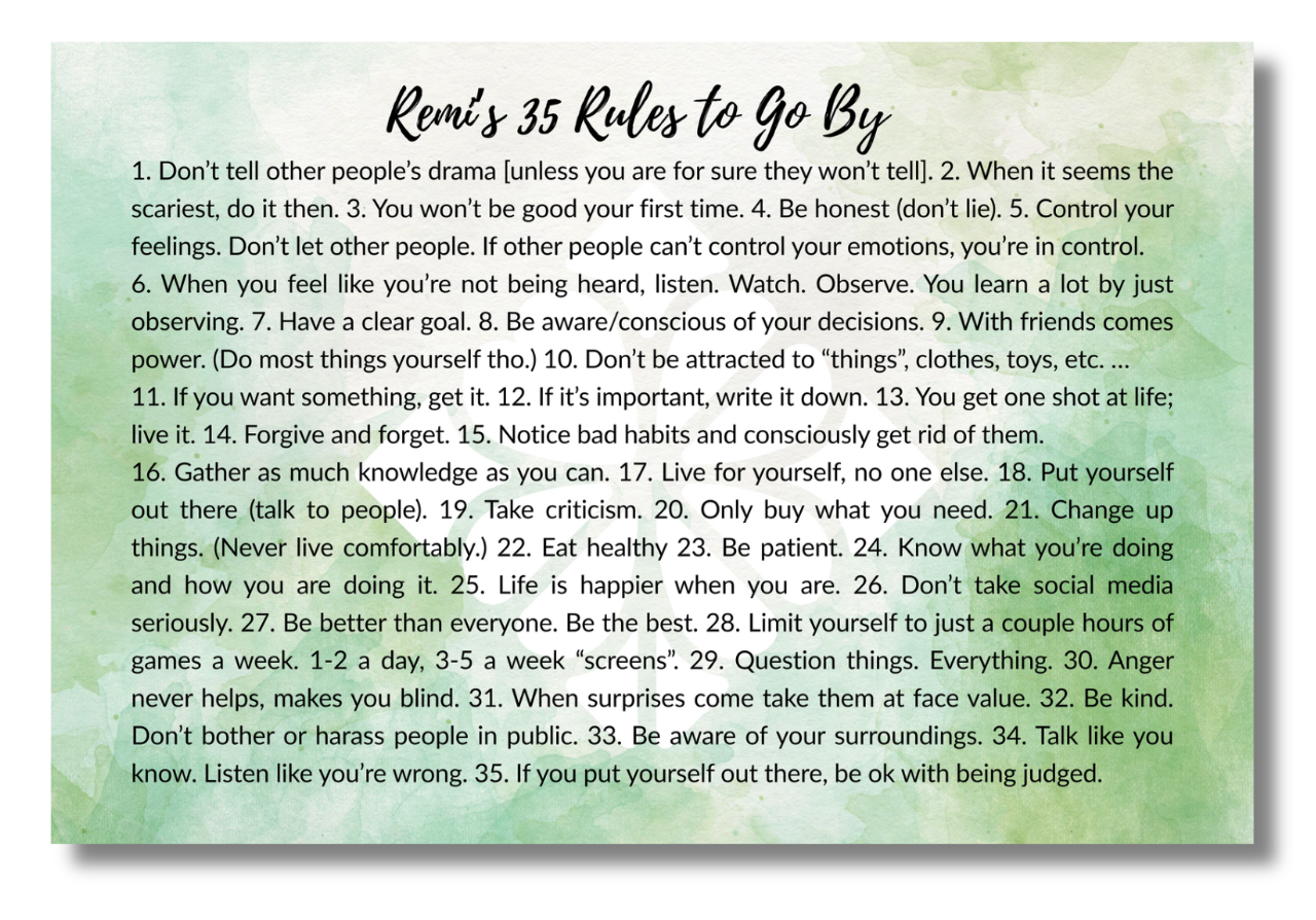Remi's 35 Rules to Go By - 12x18 canvas - ShamRockk Background