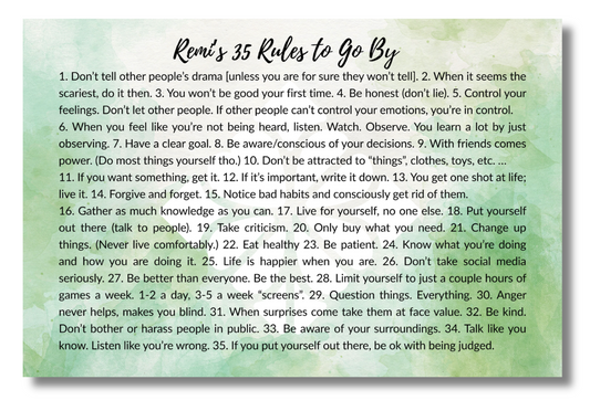 Remi's 35 Rules to Go By - 12x18 canvas - ShamRockk Background