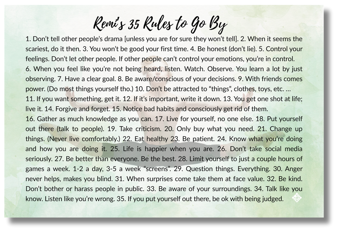 Remi's 35 Rules to Go By - 18x12 canvas - Remi Background